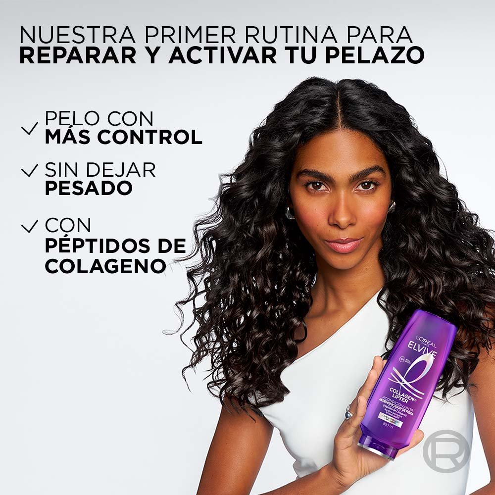 Acondicionador Elvive Colágeno con el mensaje "Pelazo desde la raíz" para hidratar y desenredar el cabello fino, aportando más cuerpo y volumen.