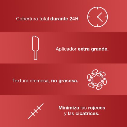 Cobertura total durante 24 horas. Aplicador extra grande. Textura cremosa, no grasosa. Minimiza rojeces y cicatrices.