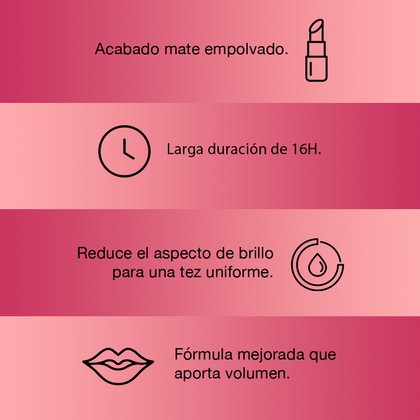 Acabado mate empolvado, larga duración de 16 horas, reduce el impacto de brillo para una tez uniforme. Fórmula mejorada que aporta volumen. Colombia.