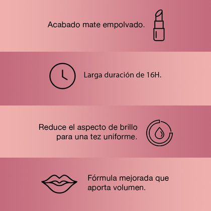 Acabado mate empolvado, larga duración de 16 horas, reduce el impacto de brillo para una tez uniforme. Fórmula mejorada que aporta volumen. Colombia.
