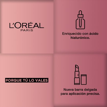 Logo L'Oréal Paris. Enriquecido con Ácido Hialurónico. Porque tú lo vales, nueva barra delgada para aplicación precisa Colombia.