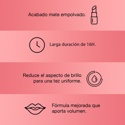 Acabado mate empolvado, larga duración de 16 horas, reduce el impacto de brillo para una tez uniforme. Fórmula mejorada que aporta volumen. Colombia.