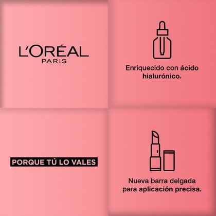 Logo L'Oréal Paris. Enriquecido con Ácido Hialurónico. Porque tú lo vales, nueva barra delgada para aplicación precisa Colombia.
