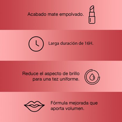 Acabado mate empolvado, larga duración de 16 horas, reduce el impacto de brillo para una tez uniforme. Fórmula mejorada que aporta volumen. Colombia.