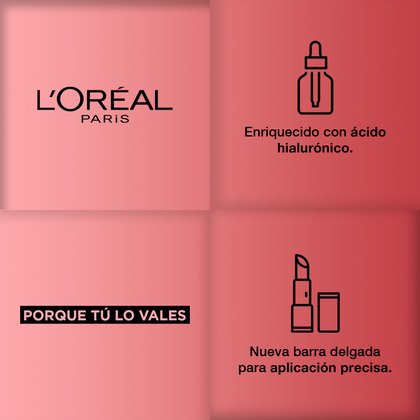 Logo L'Oréal Paris. Enriquecido con Ácido Hialurónico. Porque tú lo vales, nueva barra delgada para aplicación precisa Colombia.
