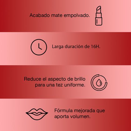 Acabado mate empolvado, larga duración de 16 horas, reduce el impacto de brillo para una tez uniforme. Fórmula mejorada que aporta volumen. Colombia.