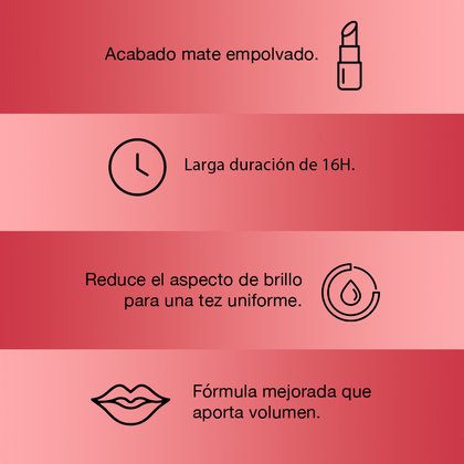 Acabado mate empolvado, larga duración de 16 horas, reduce el impacto de brillo para una tez uniforme. Fórmula mejorada que aporta volumen. Colombia.