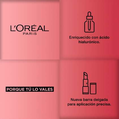 Logo L'Oréal Paris. Enriquecido con Ácido Hialurónico. Porque tú lo vales, nueva barra delgada para aplicación precisa Colombia.