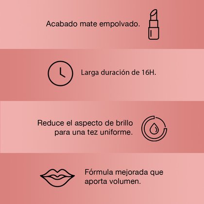 Acabado mate empolvado, larga duración de 16 horas, reduce el impacto de brillo para una tez uniforme. Fórmula mejorada que aporta volumen. Colombia.
