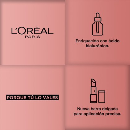 Logo L'Oréal Paris. Enriquecido con Ácido Hialurónico. Porque tú lo vales, nueva barra delgada para aplicación precisa Colombia.