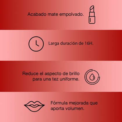 Acabado mate empolvado, larga duración de 16 horas, reduce el impacto de brillo para una tez uniforme. Fórmula mejorada que aporta volumen. Colombia.