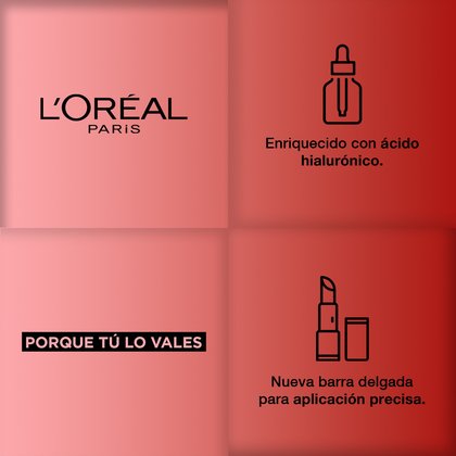 Logo L'Oréal Paris. Enriquecido con Ácido Hialurónico. Porque tú lo vales, nueva barra delgada para aplicación precisa Colombia.