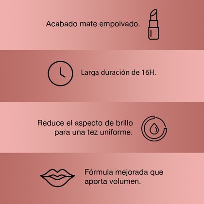 Acabado mate empolvado, larga duración de 16 horas, reduce el impacto de brillo para una tez uniforme. Fórmula mejorada que aporta volumen. Colombia.