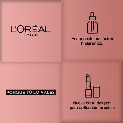 Logo L'Oréal Paris. Enriquecido con Ácido Hialurónico. Porque tú lo vales, nueva barra delgada para aplicación precisa Colombia.
