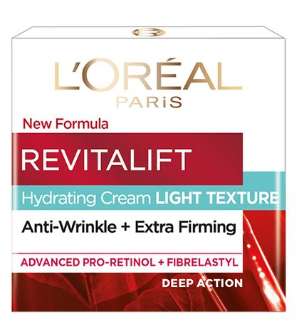 Cuidado facial Foto del frente del envase de la crema diurna de textura ligera Revitalift
