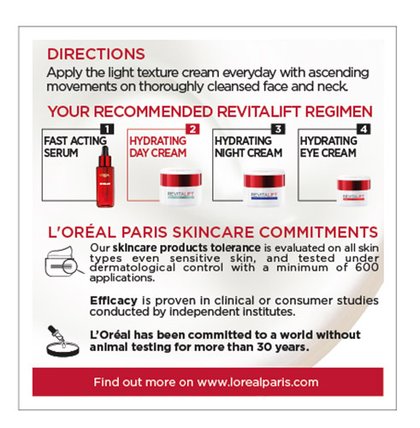Cuidado facial Foto del lateral del envase de la crema diurna de textura ligera Revitalift